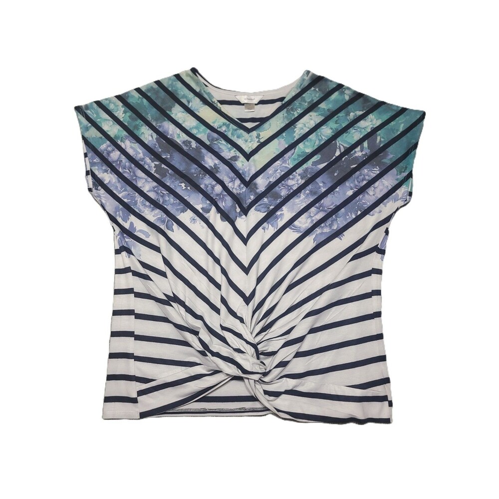 CJ Banks Blouse Size 1X Stretch Knot Front Shirt Blue White Striped Floral Top